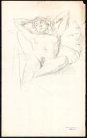 Mattyasovszky-Zsolnay László (1885-1935): Fekvő női akt. Ceruza, papír. Hagyatéki pecséttel. Lap jobb felső sarkában kissé sérült és kissé foltos. 34x21 cm
