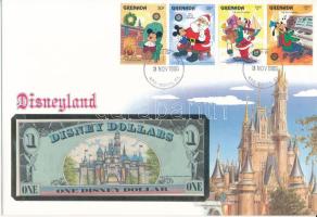 Amerikai Egyesült Államok 1987A 1DD bankjegyes borítékban, elsőnapi bélyegzéses bélyeggel T:1  USA 1987A 1 Disney Dollar in banknote envelope with first day of issue stamp C:UNC