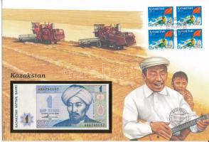 Kazahsztán 1993. 1T felbélyegzett borítékban, bélyegzéssel T:I Kazakhstan 1993. 1 Tenge in envelope with stamp and cancellation C:UNC