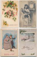 12 db RÉGI újévi üdvözlő képeslap vegyes minőségben, lithok is / 12 pre-1945 New Year greeting postcards in mixed quality, some lithos