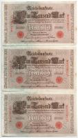 Német Birodalom 1910. 1000M piros pecsét, hétjegyű sorszámmal (3db, sorszámkövető) + 1910. 1000M zöld pecsét, hétjegyű sorszámmal (2db, sorszámkövető) T:III folt German Empire 1910. 1000 Mark with red seal, 7 digit serial (3pcs, consecutive serials) + 1910. 1000 Mark with green seal, 7 digit serial (2pcs, consecutive serials) C:F spotted Krause P#44b, P#45b