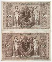 Német Birodalom 1910. 1000M piros pecsét, hétjegyű sorszámmal (3db, sorszámkövető) + 1910. 1000M zöl...