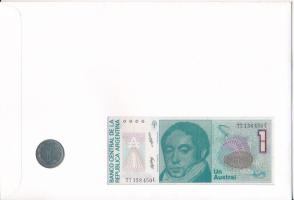 Argentína érmés és bankjegyes, pecsételt boríték benne 1959. 1P Ni-acél érmével és 1985-1989. 1A ban...