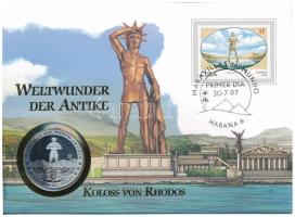 Kuba 1997. 1P Rodoszi Kolosszus Ag felbélyegzett borítékban, bélyegzéssel, német nyelvű ismertetővel T:PP patina Cuba 1997. 1 Peso Colossus of Rhodes Ag in envelope with stamp, cancellation and a german information sheet C:PP patina Krause KM#438