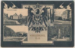 Kluczbork, Kreuzburg O.S.; Oppeinerstraße mit Synagoge, Gymnasium, Friedrichstraße, Sedandenkmal im Stadtwald / street view, synagogue, grammar school, monument, park, German patriotic propaganda with flags and coat of arms. Verlag Paul Jendretzki (EK)