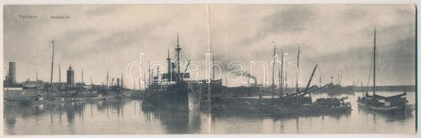 Harlingen, Havengezicht / harbor, port, steamships. 2-tiled folding panoramacard (torn at fold)