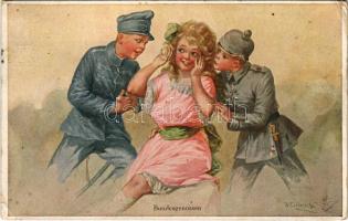 1916 Bundesgenossen / WWI German and Austro-Hungarian K.u.K. military art postcard, humour, soldiers flirting with lady. Wohlgemuth & Lissner Die Bundesbrüder s: W. Fialkowska (EK)