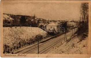 1921 Savanyúkút, Bad Sauerbrunn; Bahnhof / vasútállomás télen. Fritz Hönigsberg kiadása / railway station in winter (r)