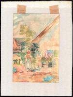 Neogrády A jelzéssel: Menyecske virágos udvarban. Akvarell, papír, kartonra rögzítve. 24×16 cm
