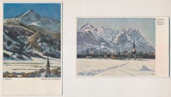 4 db RÉGI művész képeslap alpesi tájképekkel, J. Hellmann szignóval