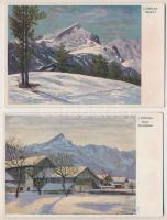 4 db RÉGI művész képeslap alpesi tájképekkel, J. Hellmann szignóval
