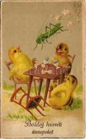 1934 Boldog húsvéti ünnepeket! Csirkék sáskával / Easter greetings, chicken with grasshopper. litho (EK)