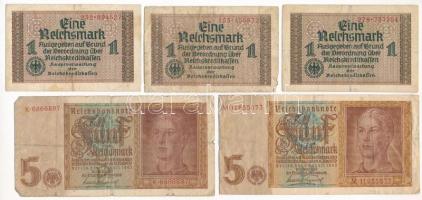 Német Harmadik Birodalom 1939-1944. 1M (3db) + 1942. 5M (2db) T:III,III- German Third Reich 1939-1944. 1 Reichsmark (3pcs) + 1942. 5 Reichsmark (2pcs) C:F,VG Krause P#R136, P#186