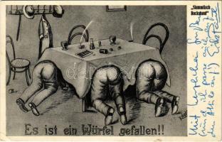 1959 Es ist ein Würfel gefallen! / Német vendéglő humoros reklámlapja / Die Bockshaut Hotel Restaurant in Darmstadt - German humorous advertising postcards (EK)