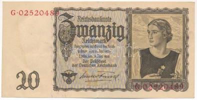 Német Harmadik Birodalom 1939. 20M "N 00855116" T:III fo. German Third Reich 1939. 20 Mark "N 00855116" C:F spotted Krause P#5A