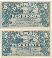 Dánia 1943. 5K J - Svendsen & Vinther (2db, sorszámkövető) T:III szép papír Denmark 1943. 5 Kroner J - Svendsen & Vinther (2pcs, consecutive serials) C:F fine paper Krause P#30