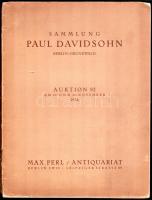 Sammlung Paul Davidsohn Berlin-Grunewald. Auktion 92. Berlin, 1924, Max Perl Buch- und Kunstantiquariat, 1 t.+56 p.+VIII t. Német nyelvű árverési katalógus, fekete-fehér és színes képekkel illusztrálva. Kiadói papírkötés, sérült, a könyvtesttől elvált borítóval.