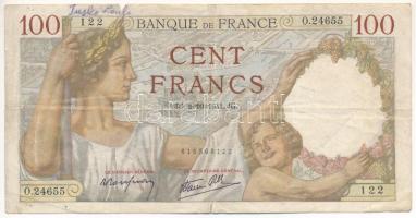 Franciaország 1941. 100Fr T:III tűlyukak, anyaghiány France 1941. 100 Francs C:F needle holes, missing paper Krause P#94