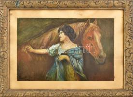 Jelzés nélkül: Hölgy lovával. Akvarell, papír. Dekoratív, üvegezett, kissé kopott fakeretben. 27×41 cm