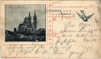 1897 (Vorläufer) Diakovár, Djakovo, Dakovo; templom. Szecessziós lap madárral / church. Art Nouveau bird (EK)