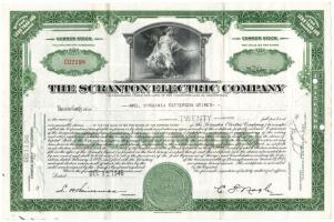 Amerikai Egyesült Államok 1946. "The Scranton Electric Company" húsz névre szóló részvénye egyben T:III USA 1946. "The Scranton Electric Company" twenty shares in one with shareholder's name C:F