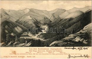 1905 Karánsebes, Caransebes; Alpengebiete, Alpe Gugu, Scarisiora, Morariu und Godeanu. H. Rosenfeld / mountain peaks