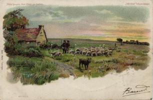 Sheep flock and sheperds hold to light litho