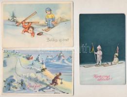 6 db régi téli sport motívum képeslap: síelők / 6 pre-1945 winter sport motive postcards: skiers