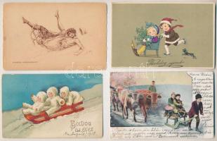 8 db régi téli sport motívum képeslap: szánkózók / 8 pre-1945 winter sport motive postcards: sledding
