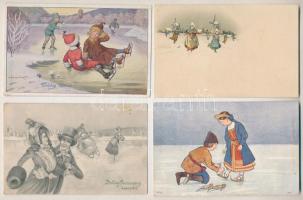 8 db régi téli sport motívum képeslap: jégkorcsolya, korcsolyázók / 8 pre-1945 winter sport motive postcards: ice skate