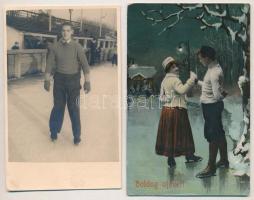 4 db régi téli sport motívum képeslap és fotó: jégkorcsolya, korcsolyázók / 4 pre-1945 winter sport ...