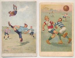 4 db régi humoros sport motívum képeslap: foci, futball / 4 pre-1945 sport humour motive postcards: football