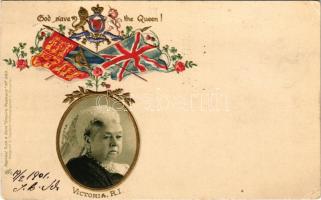 1901 Queen Victoria R.I. "God Save The Queen!" Raphael Tuck & Sons' "Empire Postcard" No. 383. Art Nouveau, floral, Emb. litho with coat of arms and flags + perfin bélyeg (lyukak / pinholes)