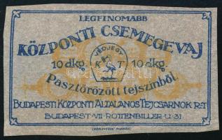 cca 1910-1920 Legfinomabb központi csemegevaj, Budapesti Központi Általános Tejcsarnok Rt. címke, 7,5x4,5 cm