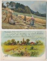 4 db RÉGI folklór motívum képeslap: aratás / 4 pre-1945 folklore motive postcards: harvesting