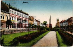 Eperjes, Presov; Sad a Masarykova ulica / Park und Masaryk-Gasse / Park és Masaryk utca, üzletek / park, street view, shops