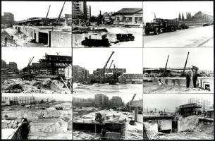 1984 Budapest, metró építkezés az Árpád híd pesti hídfőjénél, aluljáró, felüljáró építés, 13 db vintage fotó, ezüst zselatinos fotópapíron, datált, jelzett képek, 9x14 cm
