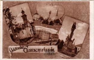 Érsekújvár, Nové Zámky; Üdvözlet mozaiklap, hátoldalon téves nyomás / multi-view postcard (ragasztónyom / glue marks)