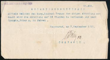 1917 Nagyvárad, K.u.K. Reservespital (hadikórház) által kiadott eltávozási engedély (Absentierungsschein), a kórház főorvosának aláírásával, hátoldalán Nagyvárad-Velencze bélyegzéssel