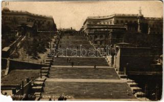 1918 Odessa, Odesa; Granittreppe zum Hafen / Granite stairs to the port, funicular railway + M. kir. 145. B távíró század Zensuriert K.U.K. FELDPOSTAMT 168 (b)