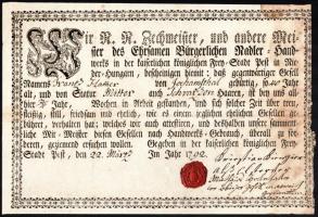1792 Pest, a pesti kerékgyártó céh által kiállított céhlevél Franz Hamer segéd részére, viaszpecséttel, a lap széle kissé sérült, foltos, 30x20,5 cm