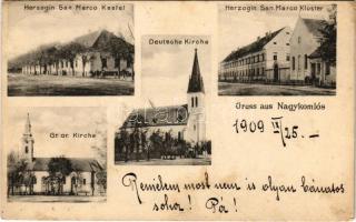 1909 Nagykomlós, Comlosu Mare; Herzogin San Marco Kastel und Kloster, Kirche / San Marco herceg kastély és kolostora, Német és görögkeleti templom / castle and cloister, German and Greek Orthodox churches (EK)