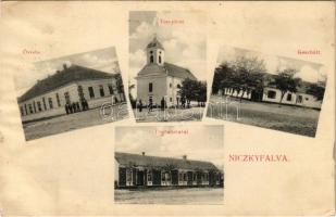 1907 Niczkyfalva, Nickifalva, Kutas, Nitzkydorf, Nitchidorf; óvoda, templom, postahivatal, üzlet. Dajkovits J. kiadása / kindergarten, church, post office, shop (ázott / wet damage)