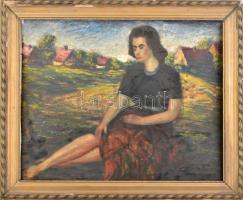 Jelzés nélkül: Lány a réten. Olaj, rétegelt falemez. Dekoratív, sérült fakeretben. 42×51 cm