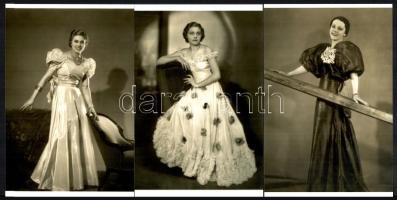 cca 1935 Jeney Anka budapesti fényképész hagyatékából 3 db divatfotó bálozó hölgyekről, mai nagyítások, jelzés nélkül, 15x10 cm
