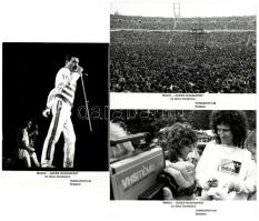 1986 A Queen együttes Budapesten, 4 db vintage produkciós filmfotó az együttes tagjairól, a közönségről, ezüst zselatinos fotópapíron, + hozzáadva 1 db mai nagyítást Freddie Mercuryt ábrázoló - régebbi - felvételről, 13x18 cm és 15x10 cm