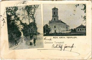 1906 Tornya, Pornya, Turnu (Arad); sétány, római katolikus templom / promenade, Roman Catholic church (kopott élek / worn edges)