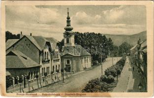 Boksánbánya, Németbogsán, Deutsch-Bogsan, Bocsa Montana; utca, templom. Adolf Rosner kiadása / general view, street, church (b)