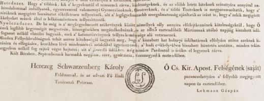 1814 Közönséges pardon - Amnesztia rendelet hirdetménye 46x35 cm