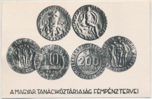 1962 A Magyar Tanácsköztársaság fémpénztervei képeslap, hátoldalon Forradalmaink pénzei - kiállítás 1962 augusztus 19-i megnyitóján készült az eredeti 1848-as gyorssajtón a Rákospalotai Múzeumban bélyegzés T:I